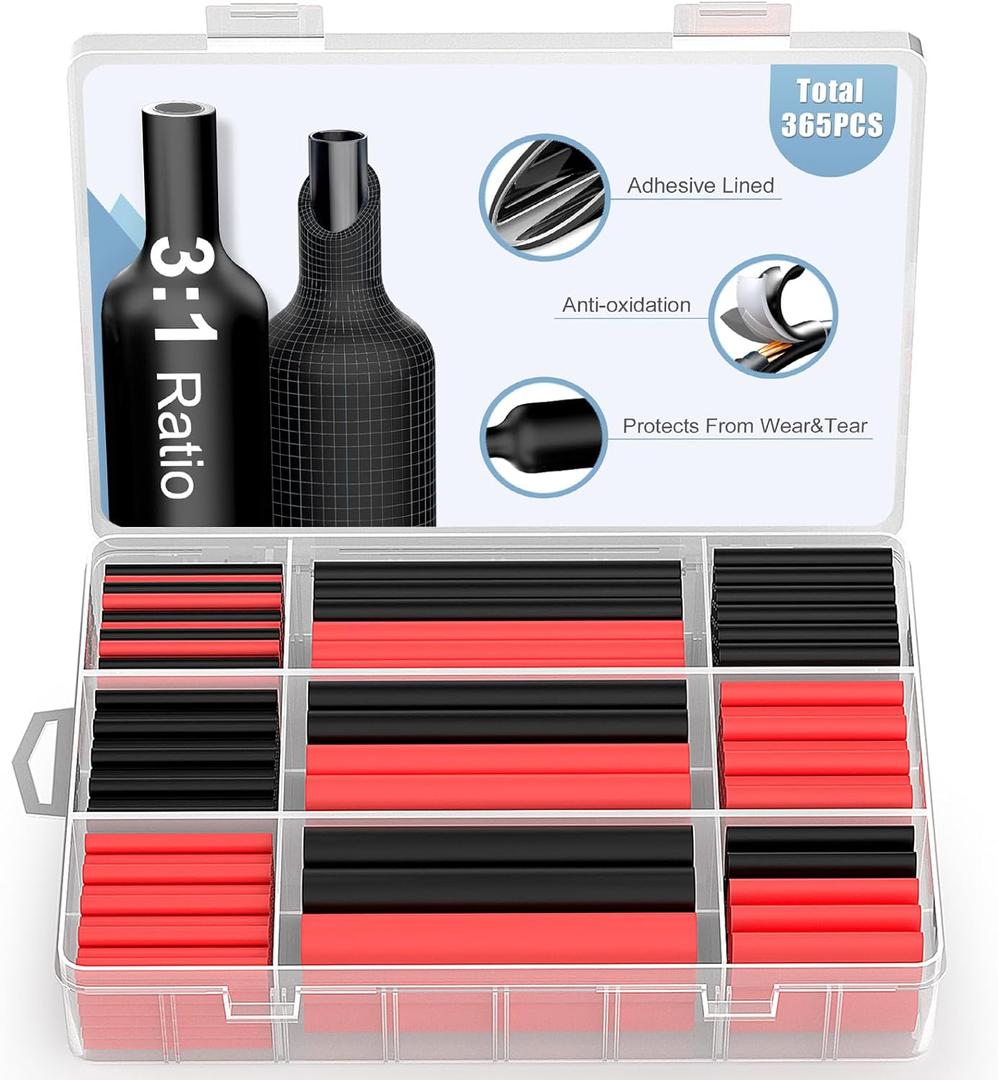 2 x ELECFUN Waterproof Heat Shrink Tubing Kit 365 pcs, 3:1 Dual Wall Tube - Adhesive Lined Heatshrink for Wires - Marine Grade and Industrial Shrinkable Wiring Wrap Fully Insulation Black/Red, 7 Sizes