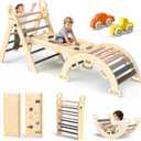 BlueWood Pikler Triangle Set 7in1 Foldable Baby Climbing Toys Wooden Montessori Climbing Set with Arch&Ramp&Ladder Baby Climber Indoor Jungle Gyms for Toddlers Montessori Toys - Mauve Pink