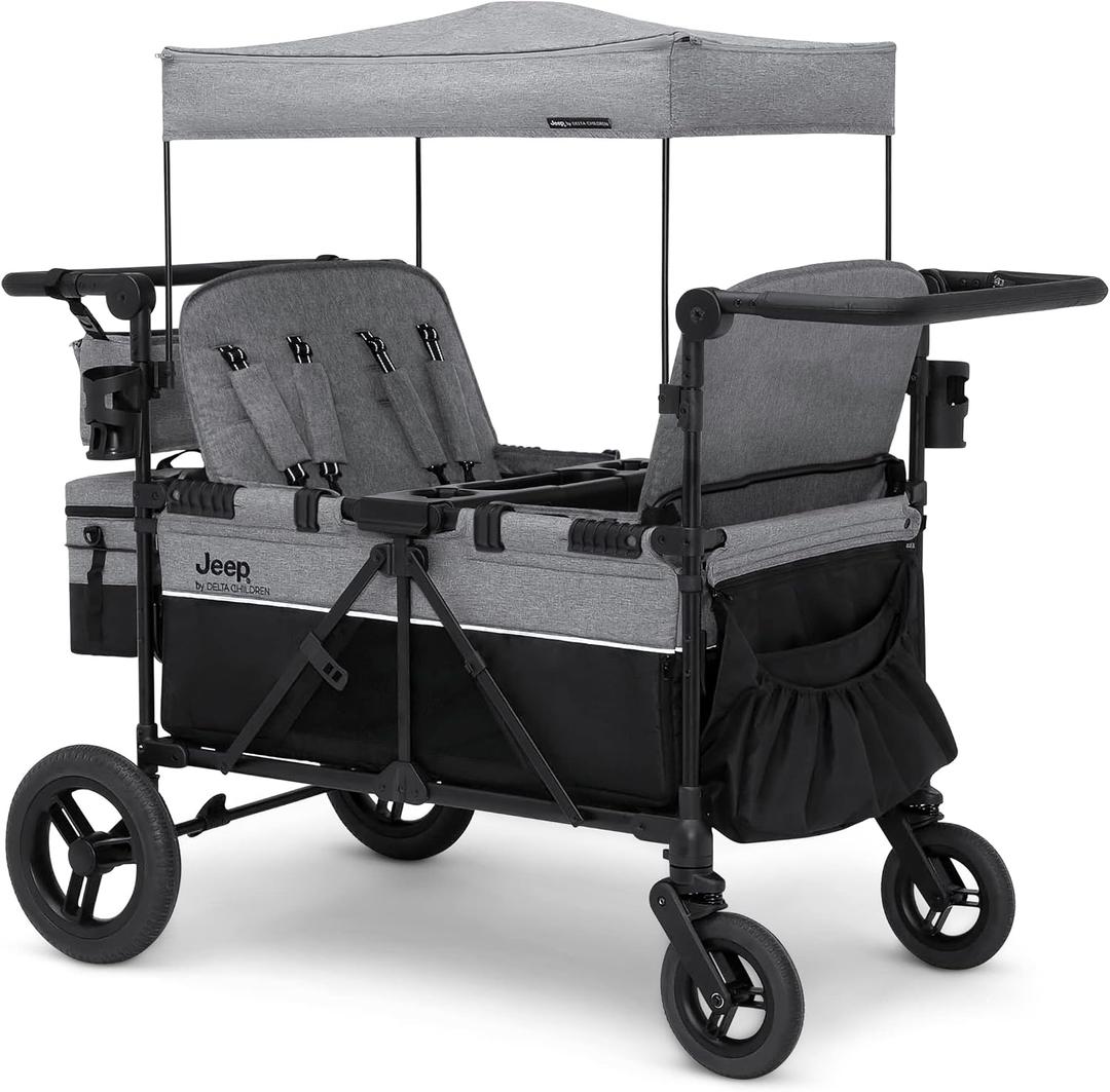 Jeep Wrangler Deluxe 4 Seater Stroller Wagon by Delta Children - Premium Quad Stroller Wagon for 4 Kids with Convertible Seats, Adjustable Push/Pull Handles, Removable Canopy & Flat Fold, Grey