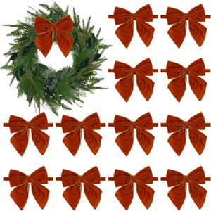 AIMUDI Orange Velvet Bows for Christmas Trees 4" Christmas Bows for Gift Wrapping Premade Bows for Wreaths, Holiday Crafts, Garlands, Staircase, Home Outdoor Winter Decorations, 12 PCs