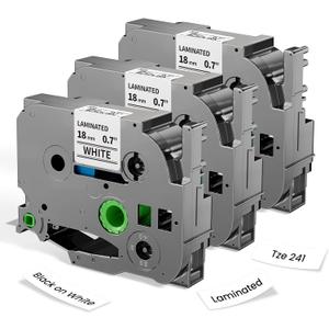 Label KINGDOM 18mm 0.7 Inch Laminated White Tape Replace for Brother Label Maker Tape TZe-241 Compatible with P Touch TZ TZe 3/4" Black on White TZE241 for PTD410 PT-D400 PT-D610BT PTD600, 3-Pack