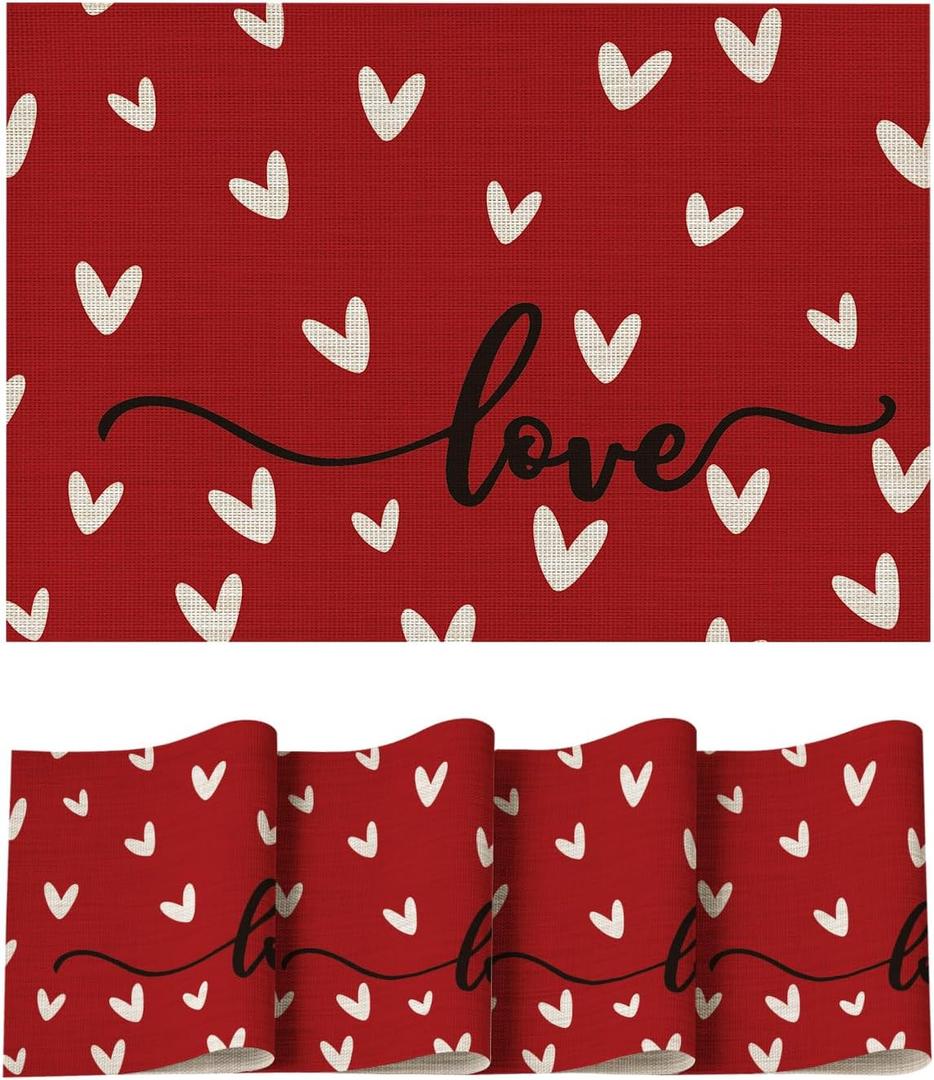 Artoid Mode Red Love Vinyl Valentine's Day Placemats Set of 4, 12x18 Inch Wipeable Non-Slip PVC Place Mats for Party Kitchen Dining Decor