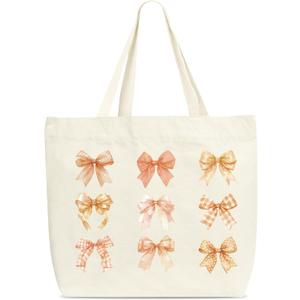 Fall Tote Bags, Beautiful Bow Canvas Tote Bag, Fall Shoulder Bag, Autumn Holiday Gifts, Thanksgiving Gifts For Women Friends Teacher Mother Colleagues -B07