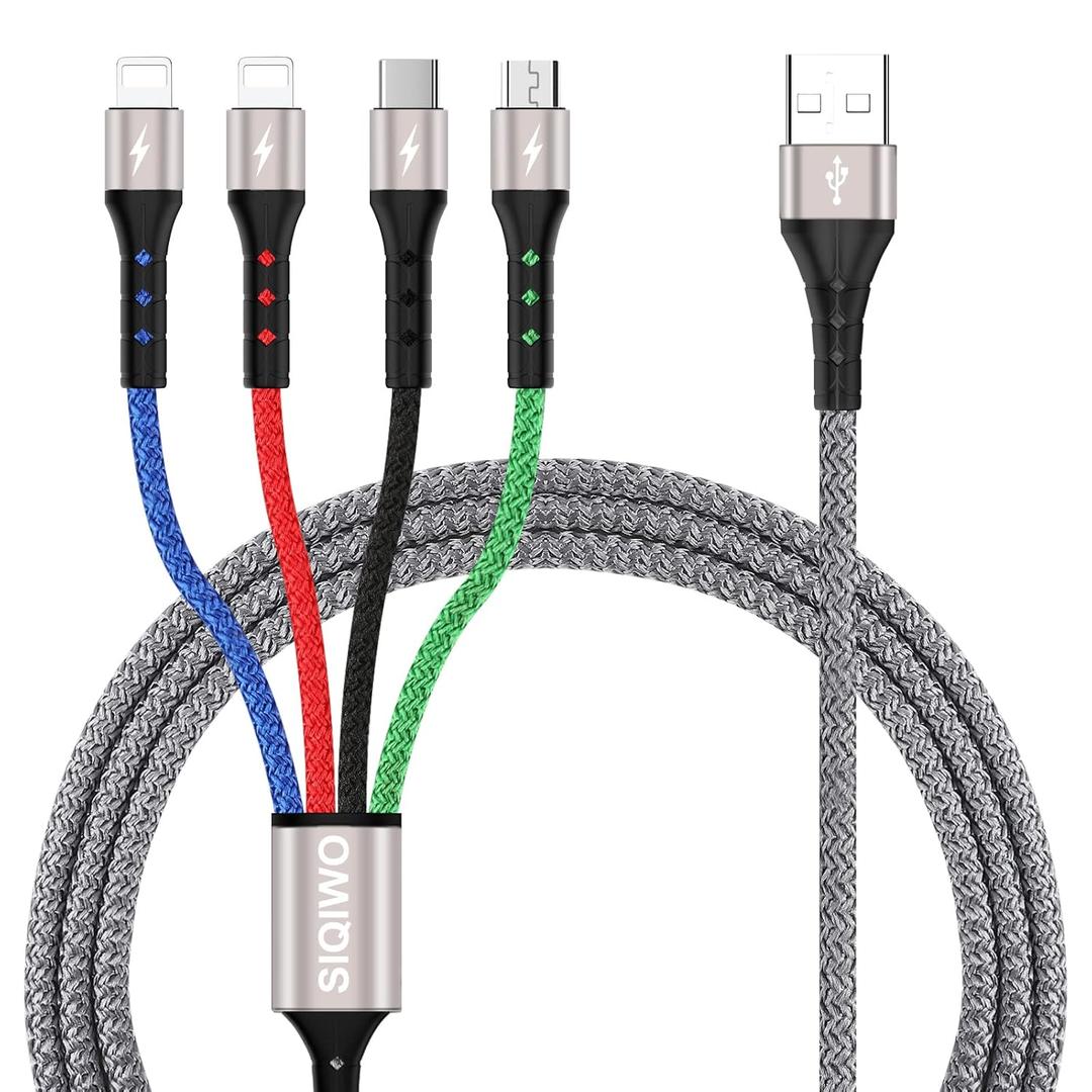 3 x SIQIWO Multi Charging Cable [2-Pack 3A 4Ft], Nylon Braided 4 in 1 Fast Charger Cord with 2iP Type C Micro USB Connectors, for iOS Phone, Samsung Galaxy S25 S23, Pixel, Nexus, LG, PS5, Sony, Kindle