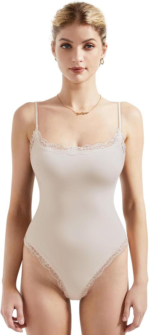 SUUKSESS Women Square Neck Lace Bodysuit Sleeveless Spaghetti Strap Tank Top (Medium, Stone)