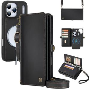 for Wallet Case Compatible with iPhone 17 Pro Max,Multi-Function Detachable 2 in 1 Magnetic iPhone 17 Pro Max Case Wallet,Flip Strap Zipper Card Holder Phone Case with Shoulder Straps (Black)