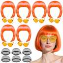 PLULON 6 Pack Orange Bob Wig with Heart Sunglasses and Hair Cap for Women, Colorful Cosplay Costume Neon Short Bob Wigs Funny Hairpieces Daily Bachelorette Halloween Costume Party Decorations