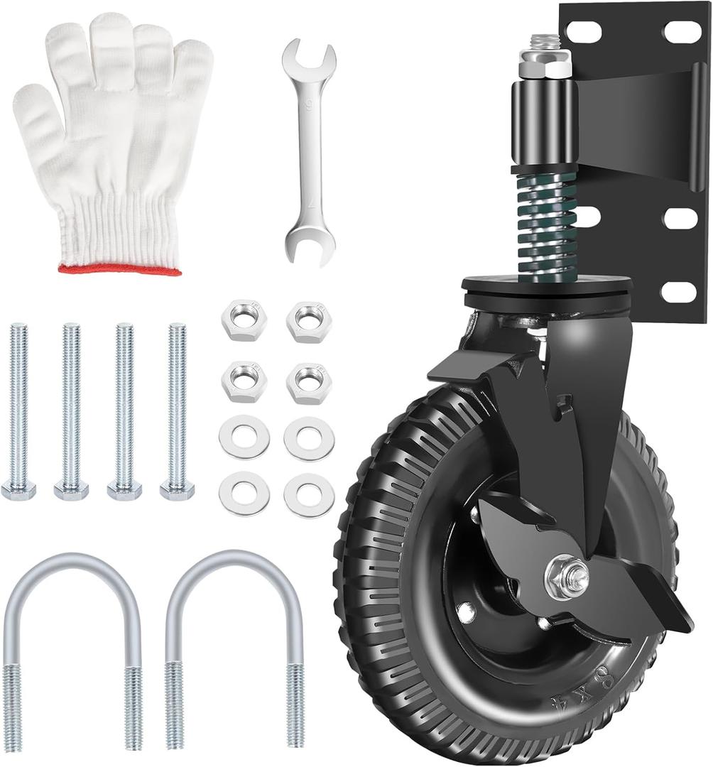 Heavy Duty Gate Wheel, 8 Inch Fence Wheels with Suspension for Wooden and Metal Tube Gate, 700lb Capacity, 360 Swivel Spring Loaded Use on Turf, Mud, Rubble, Slate W/brake