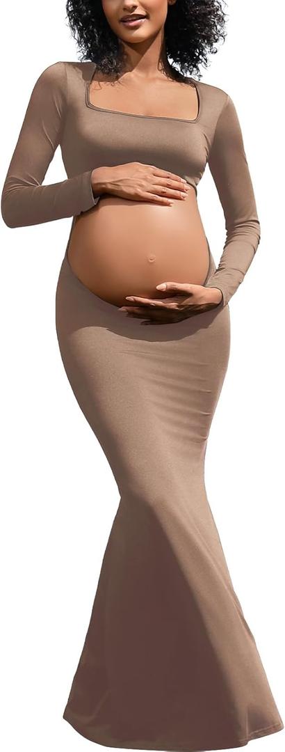 Bhome Maternity Photoshoot Dress Long Sleeve Sexy Cut-Out Backless Maternity Maxi Gown Photography Outfits (Medium, Brown-Upgraded Fabric)