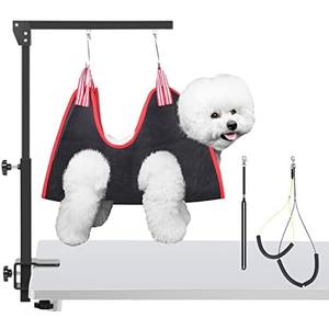 HIDOG Dog Grooming Arm with Clamp, Adjustable Dog Grooming Table Arm with Two No Sit Haunch Holder & Hammock Harness, Foldable Pet Grooming Supplies for Small Medium Dogs