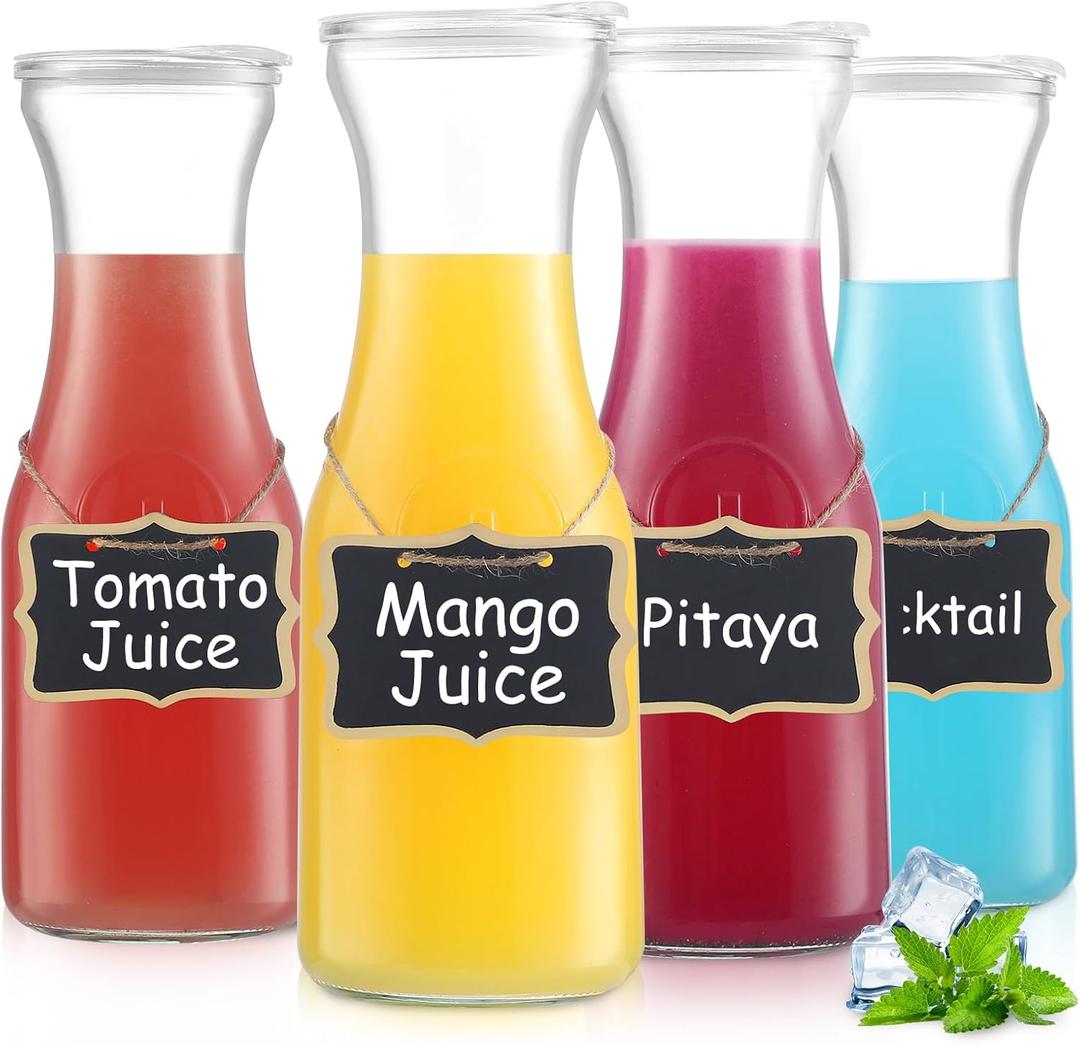 4PSC Glass Carafe with Lid, Premium Clear Water Pitcher Carafe 1 Liter Juice Containers with Lids for Brunch Cold Warm Water Beverage Iced Tea Lemonade, BPA Free Shatter Proof (4)