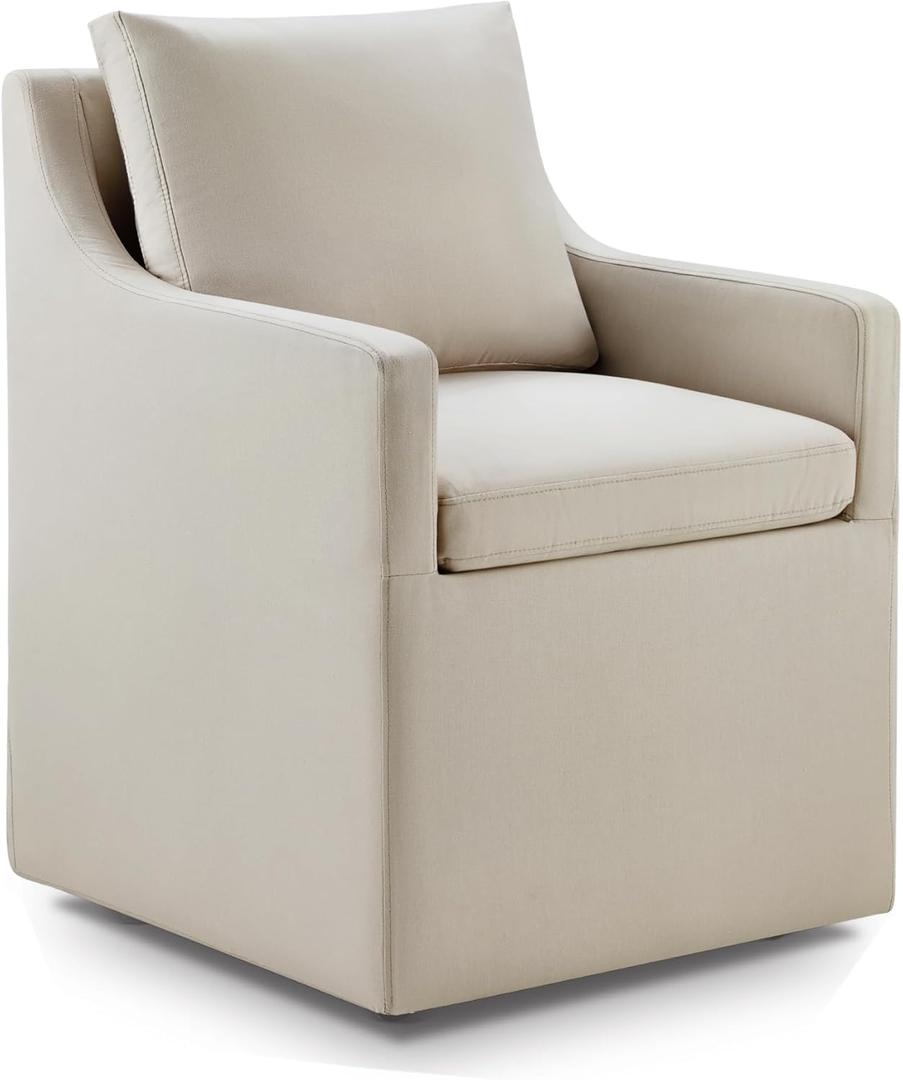 Upholstered Dining Chairs with Casters Modern Side Armchair with Rollers for Diningroom Bedroom Livingroom Reading Room, Flax Beige, 1 Box
