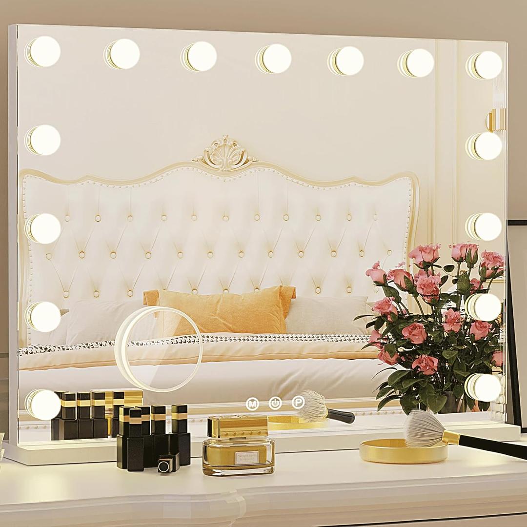 Hollywood Vanity Mirror, 15 Led Bulbs3 Color LightsBeautiful Make Up Lighted Mirror, Aluminum Metal Frame23" x 18" (White)