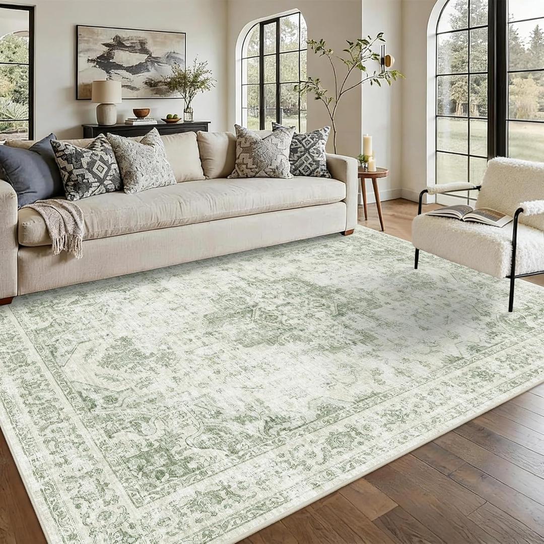 5x7 Vintage Washable Area Rugs Boho Medallion Large Distressed Retro Accent Carpet Floral Non-Slip Soft Low Pile Indoor Throw Rug for Living Room Bedroom Dining Room Office Kitchen, Green