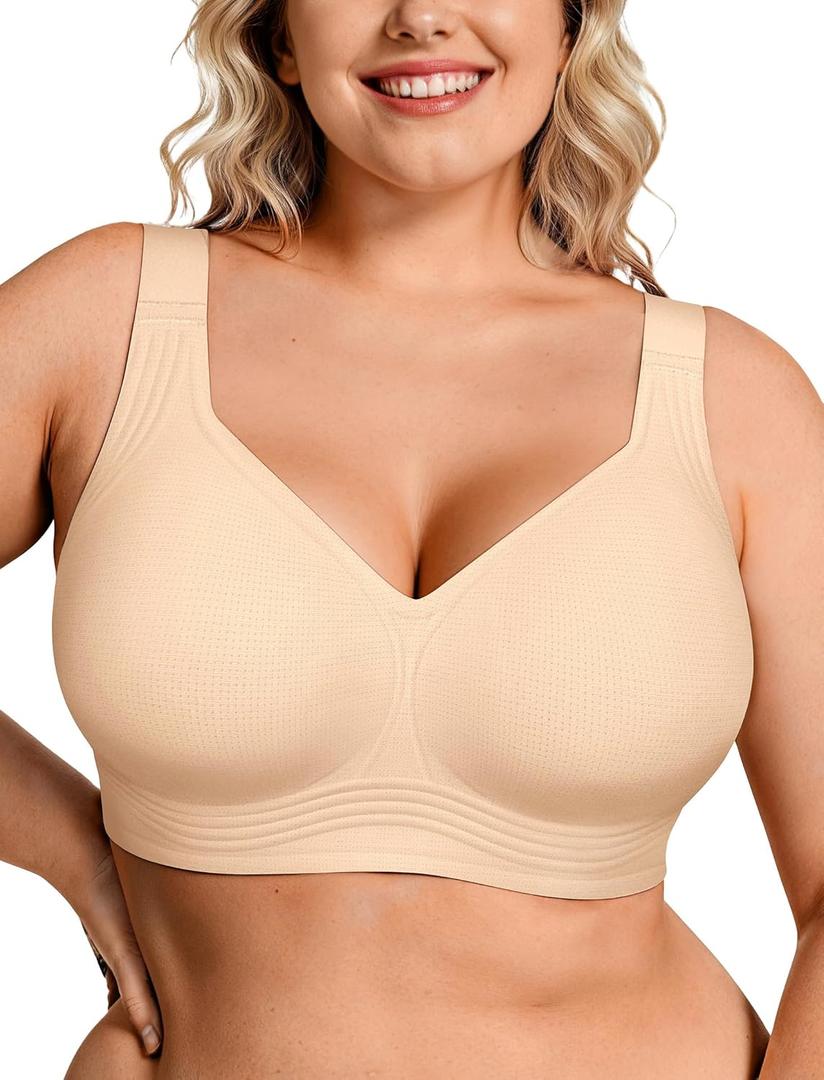 OEAK Womens Wireless Jelly Bra Plus Size Supportive Seamless Bras Full Coverage Push Up Comfortable No Underwire Tshirt Bras (Medium, Airy Nude)