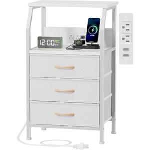 Furnulem Night Stand with Charging Station, 28.3 Inch Tall Side Table with Fabric Drawers and Storage Shelf, Bedside Table with USB Ports & Outlets, Nightstand for Bedroom, 3 Ways to Use, White