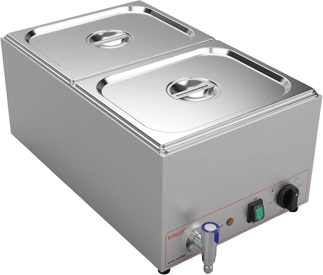 Valgus Commercial Grade Stainless Steel 2 Sections 19 Qt Bain Marie Buffet Food Warmer Steam Table with Lid and Tap for Home and Restaurants
