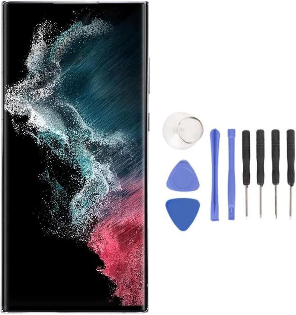 for Galaxy S22 Ultra Screen Replacement for SM S908U SM S908U1 SM G908A SM S908W US Version, Touch Digitizer Display Screen Assembly with Frame Fingerprint (Silver)