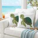 Hahafelt 2 Pcs Summer Sea Turtle Throw Pillow Cover 18x18 Green Turtle Velvet Embroidered Decorative Pillow Cases Beach Ocean Coastal Themed Square Cushion Cover for Sofa Couch Bedroom Decor Gift