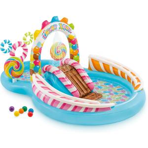 INTEX Candy Zone Inflatable Kiddie Pool: Inflatable Kids Pool with Water Sprayer and Slide Splash Pad 116" x 75" x 51" Ages 3+