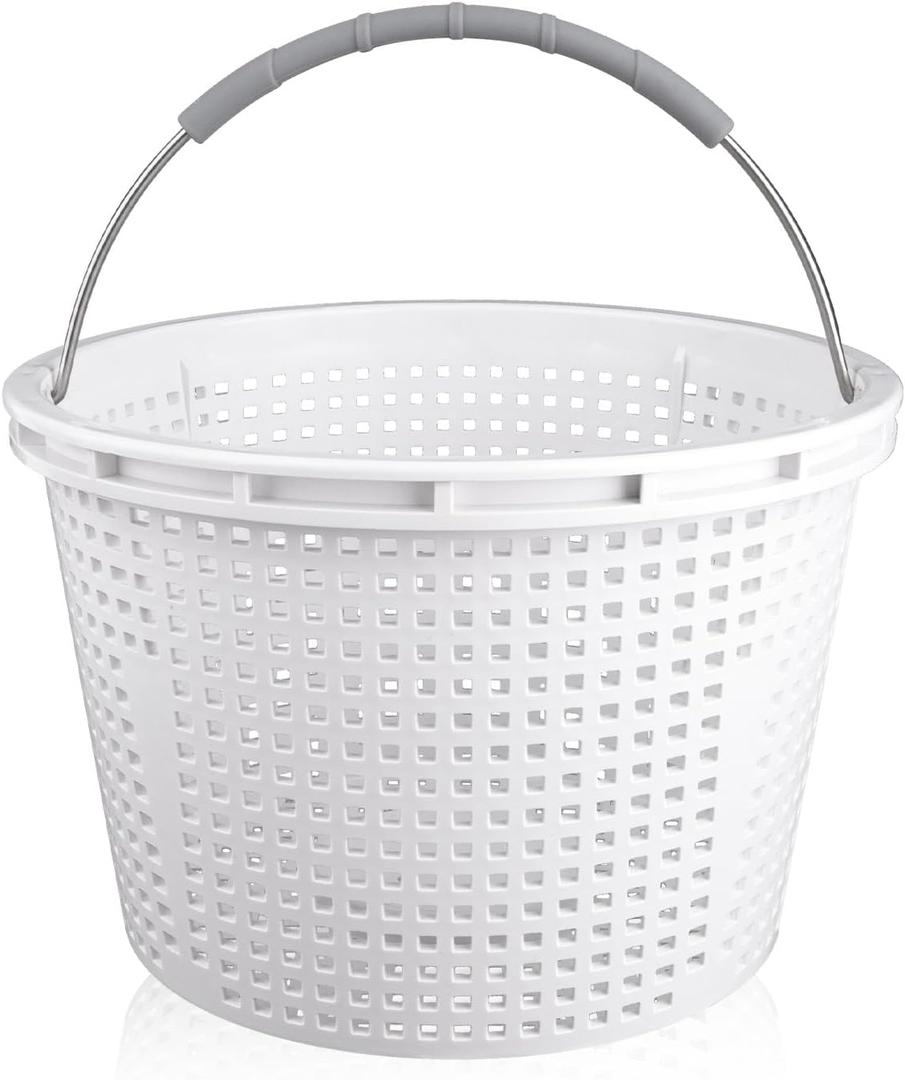 8" Pool Skimmer Basket for Inground Pool Compatible with Pentair U-3 Skimmer Basket 08650-0007 and Hayward SP1070 SPX1070E Pool Basket ，Stainless Steel Handle，Rubber Grip & Built in weighting，White