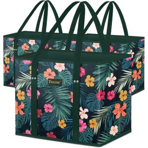 BALEINE 3Pk Reusable Grocery Bags, Foldable Shopping Bags for Groceries with Reinforced Bottom & Handles (Blossom Season)
