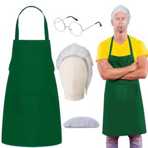4 Pcs Halloween Assassin Costume Adults Convenience Store Outfits with Grey Wig Green Apron Round Glasses and Beard for Men Women Cosplay Party