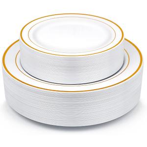 Gold Plastic Plates, MCIRCO 100 Pieces Disposable Party Plates for Weddings, Premium Gold Rim Plates, Include 50 10.25 Inch Dinner Plates and 50 7.5 Inch Dessert Appetizer Plates