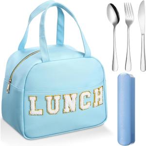 Sanwuta 5 Pcs Preppy Blue Lunch Box Set for Teen Girls Women Insulated Leather Cute Lunch Bag with Utensils Letter Thermal Bento Box for Teen Girls Kids Adult School Travel Office