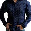 Yousify Mens Quarter-Zip Pullover Sweater Casual Mock Neck Cable Knitted Winter Warm Chunky Polo Sweaters (Blue, M)