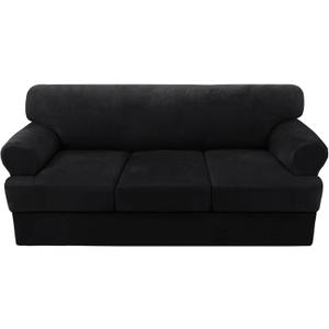 H.VERSAILTEX Sofa Cover 4 Piece T Cushion Sofa Slipcovers Velvet Couch Cover Furniture Protector Stretch T Cushion Sofa Covers for 3 Cushion Couch with 3 Individual T Cushion Covers Washable, Black