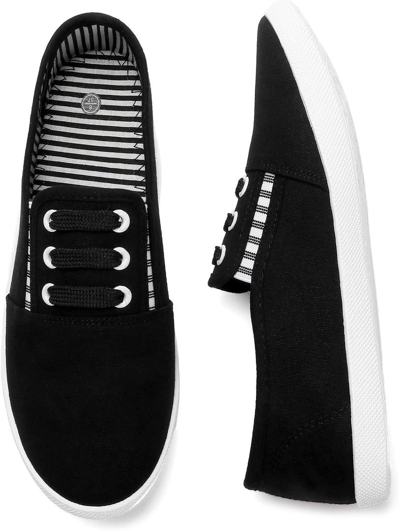kufeiti Women's Canvas Slip On Shoes Sneakers for Women Fashion Comfortable White Black Elastic Sneakers for Women (Black, 10)
