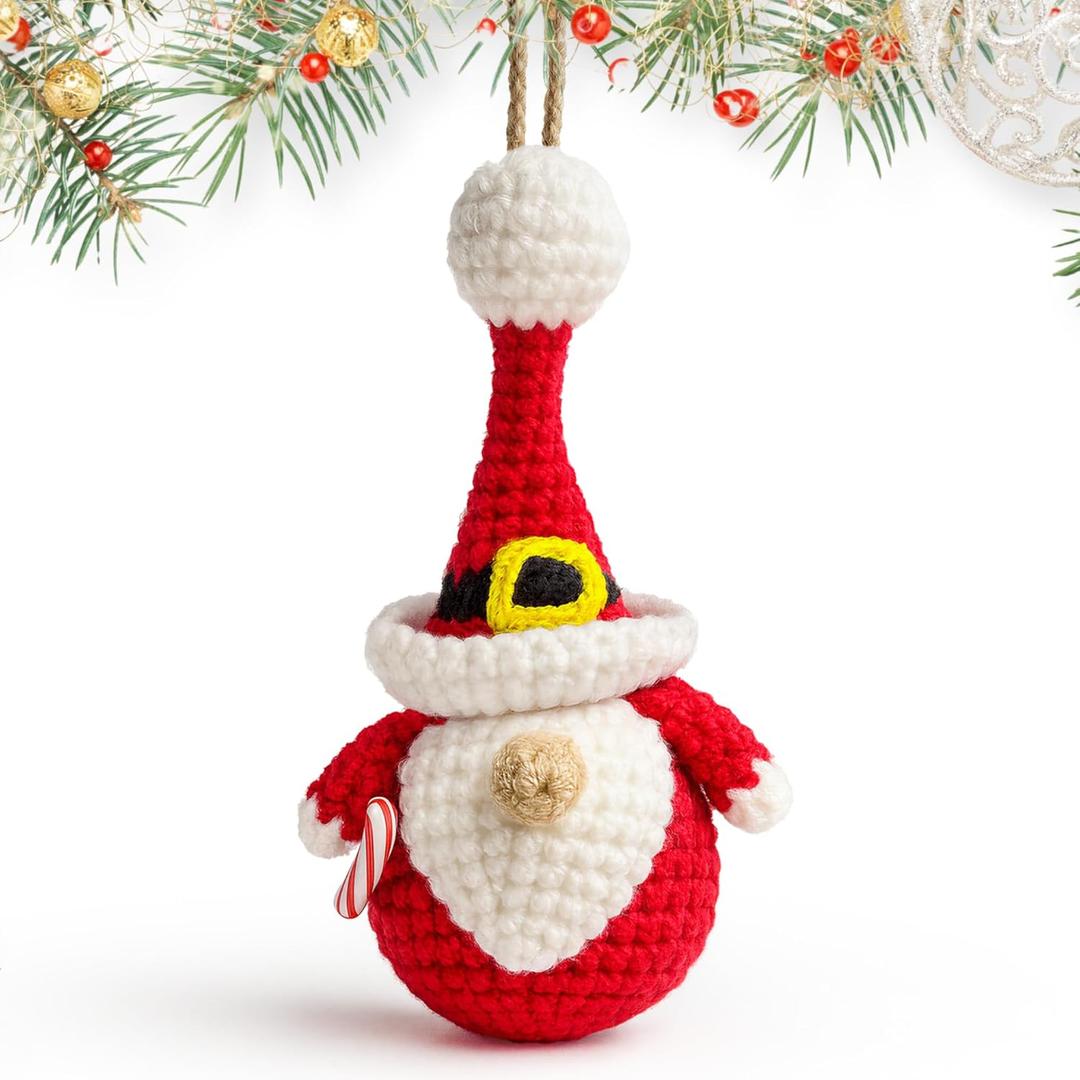 4 x Gnome Ornaments - Gnome Christmas Ornament 2025 - Holiday Gnomes Ornaments for Christmas Tree - Gifts for Gnomes Lovers, Family, Friends - Crochet Ornament & Card