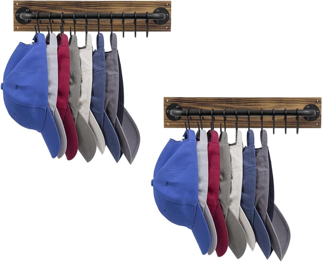 MyGift 2 Pcs Hat Rack for Baseball Cap with 10 Hooks, Floating Shelves Wall Mount with Key Holder Hooks, Cap Organizer Display, Urban Industrial Burnt Solid Wood, Matte Black Metal Pipe