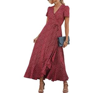 PRETTYGARDEN Women's Boho Floral Maxi Dress Summer Short Sleeve Wrap V Neck Long Flowy Beach Vacation Wedding Guest Dresses (Red, XL)