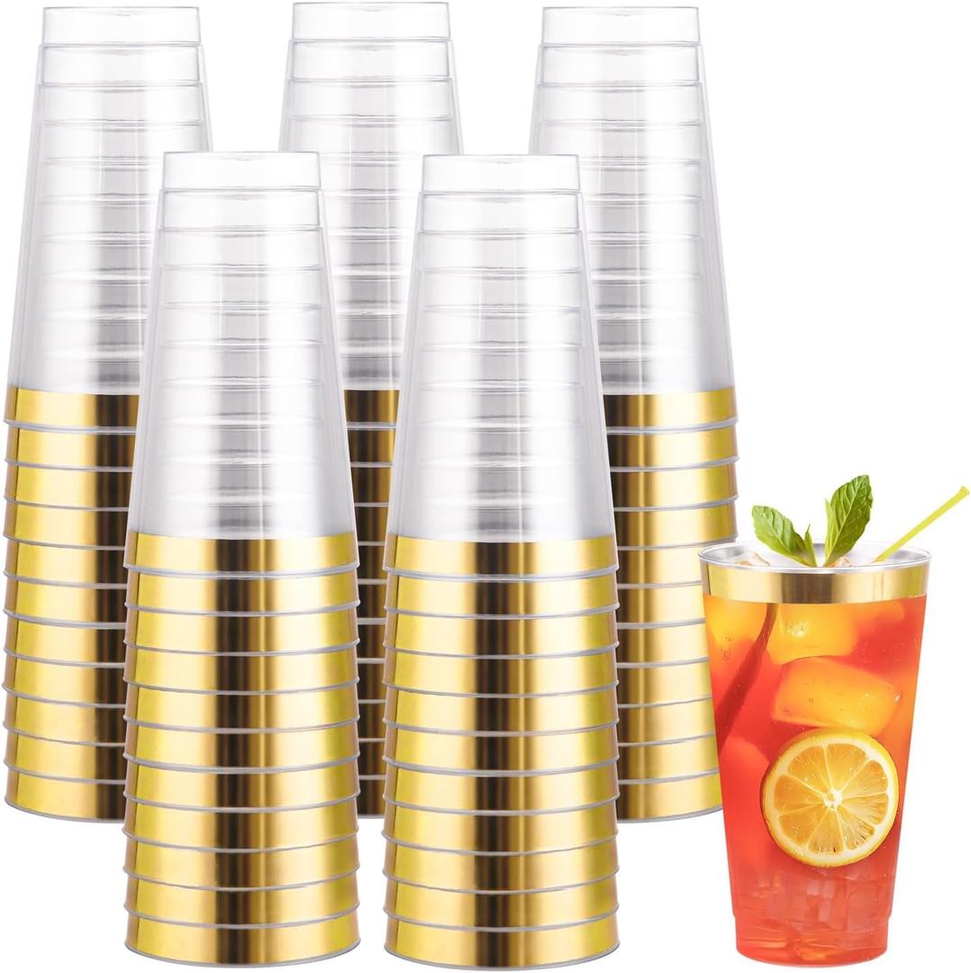 I00000 16 oz Gold Plastic Cups, 50 Pack Clear Plastic Cups Tumblers Gold Rimmed Disposable Cup, Heavy-duty Disposable Cup Perfect for Halloween, Thanksgiving and Christmas Parties
