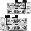 Headlight Assembly Compatible with 1994 1995 1996 1997 1998 Chevy C/K 1500 2500 3500 Silverado, For 95-99 Tahoe Suburban Replacement Headlamp, Chrome Housing Clear Reflector