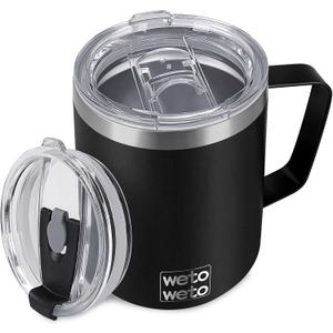 WETOWETO Coffee Mug with Handle, 14oz Insulated Stainless Steel Reusable Coffee Cup, Double Wall Coffee Travel Mug, Powder Coated, Black