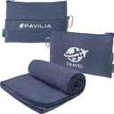 PAVILIA Travel Blanket Compact, Airplane Packable Bag, Soft Fleece Portable Throw Pillow Combo Set, Plane Flight Car Trips Essentials Gift Accessories, Luggage Backpack Clip, Navy Blue, 65 x 40 inch