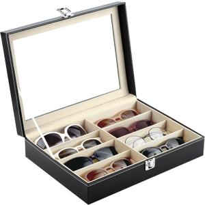 8 Slot Sunglass Organizer Leather Eyeglasses Collector Eyewear Display Case Storage Box, Black