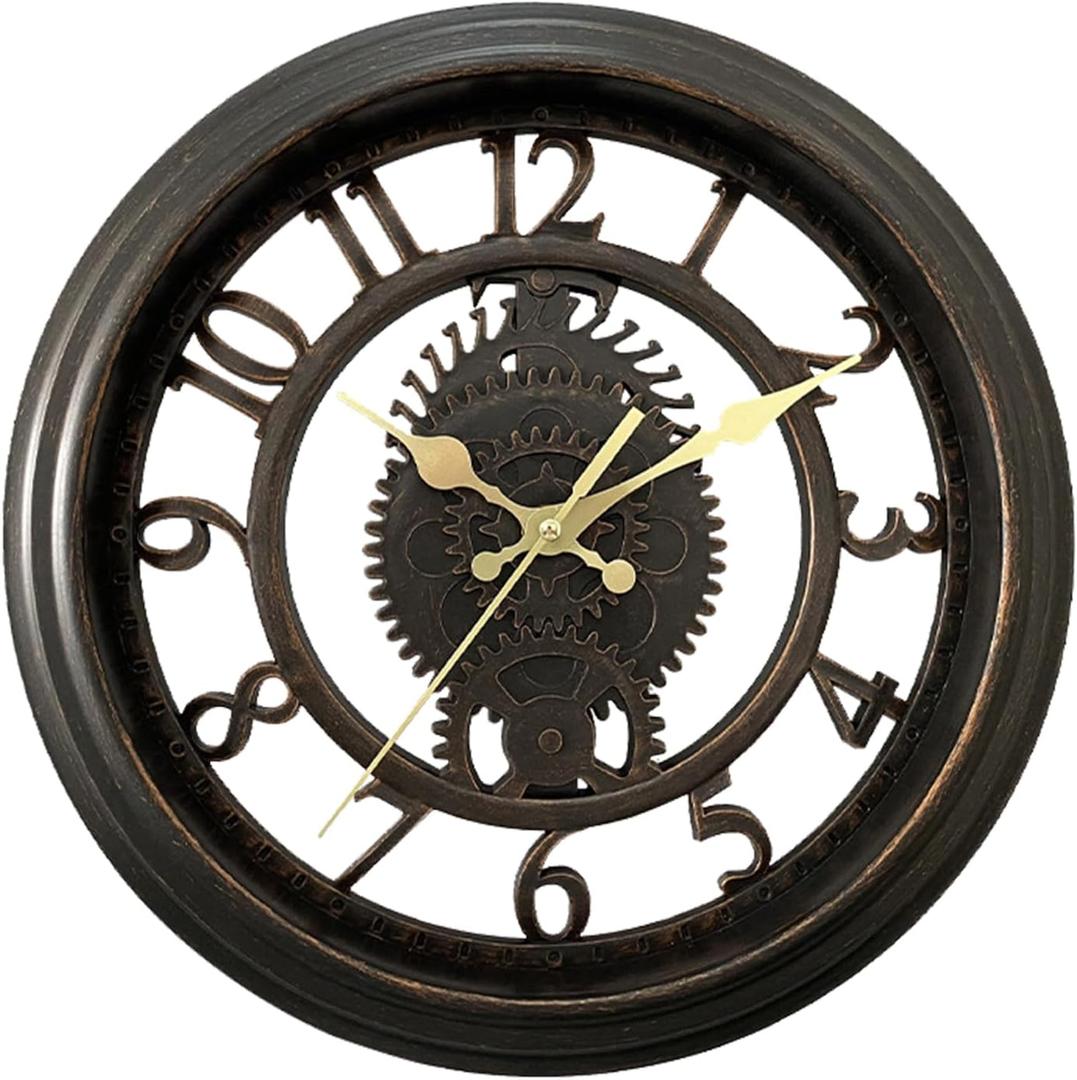 11" Small Silent Non-Ticking Analog Wall Clock Battery Operated, Unique Retro Farmhouse Gear Round Decorative Wall Clocks for Living Room Bedroom Home Office Garden Outdoor - Black