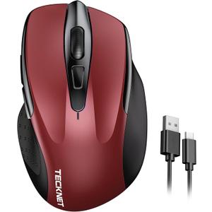 TECKNET Rechargeable Wireless Mouse, 2.4G Silent Mouse, Quiet Click, 6 Adjustable 4800 DPI, Cordless Computer Mouse, Ergonomic Mouse for Laptop, 6 Buttons USB Mouse for Chromebook, Ergo Grip - Red