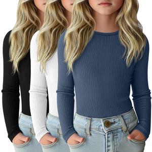 3 Pack Girls Long Sleeve Shirts Ribbed Knit Cotton Layering Tops Slim Fit Crewneck Casual Undershirts, 11-12 Years