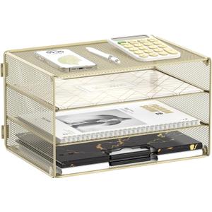 DALTACK 3 Tier Letter Tray Paper Organizer Mesh Metal Desk File Organizer for Home & Office, Golden Yellow