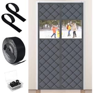 Visible Magnetic Thermal Insulated Door Curtain, Fit 36 x 80 Door Cover Curtain with Window, Magnetic Winter Door Curtain Sound Proof Curtain for Doorway Weatherproof Thermal Door Curtains
