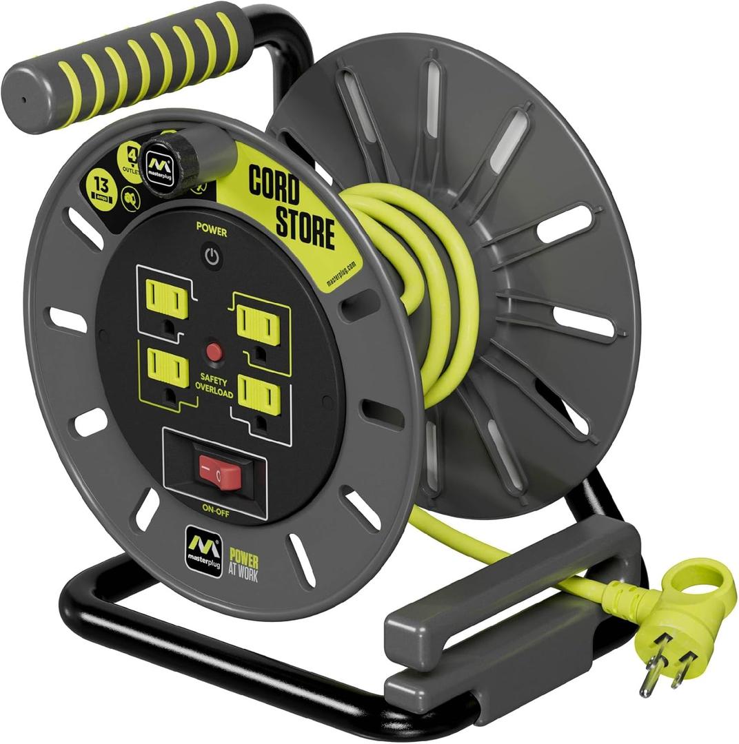 Masterplug 3ft Cord Reel, Retractable Extension Lead with Winding Handle, Safety Overload Circuit Breaker and Power Switch, 4x Grounded Outlets, 13amps, 14AWG Cable