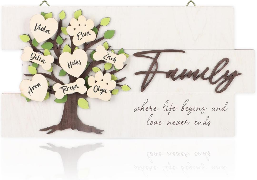 LHIUEM 3D Family Tree Names Tags,Personalized Family Tree Wooden Decor(7X14 Sign,DIY Grandkids Names for Grandparents Gifts,Unique Blended Gift for Families Thanksgiving Day Wedding