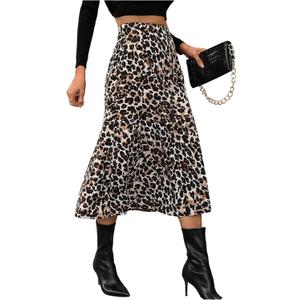 SHENHE Women's Leopard Print A Line Midi Skirt High Waisted Flared Elegant Dressy Skirt (Brown, L)