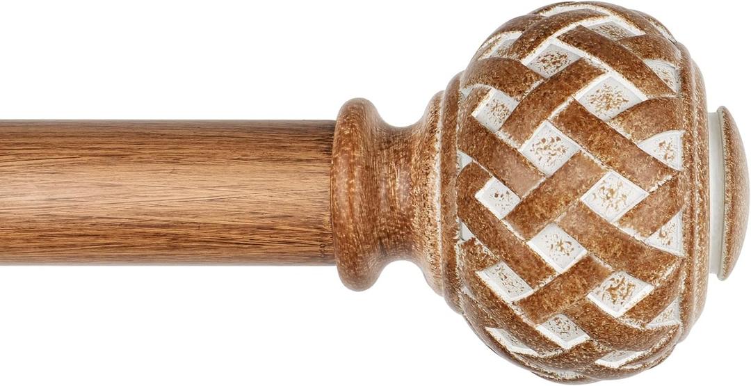 TONIAL Wood Curtain Rod 32 to 86 Inches, 7/8 Adjustable Curtain Rods for Windows 20 to 84 Inches, Splicing Drapery Rods Decorative with Netted Texture Finials