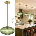 12" Mid Century Modern Pendant Light Green Vintage Pendant Lights Kitchen Island Ribbed Glass Pendant Light Adjustable Hanging Pendant Light for Dining Room Bedroom (Bulb Included)